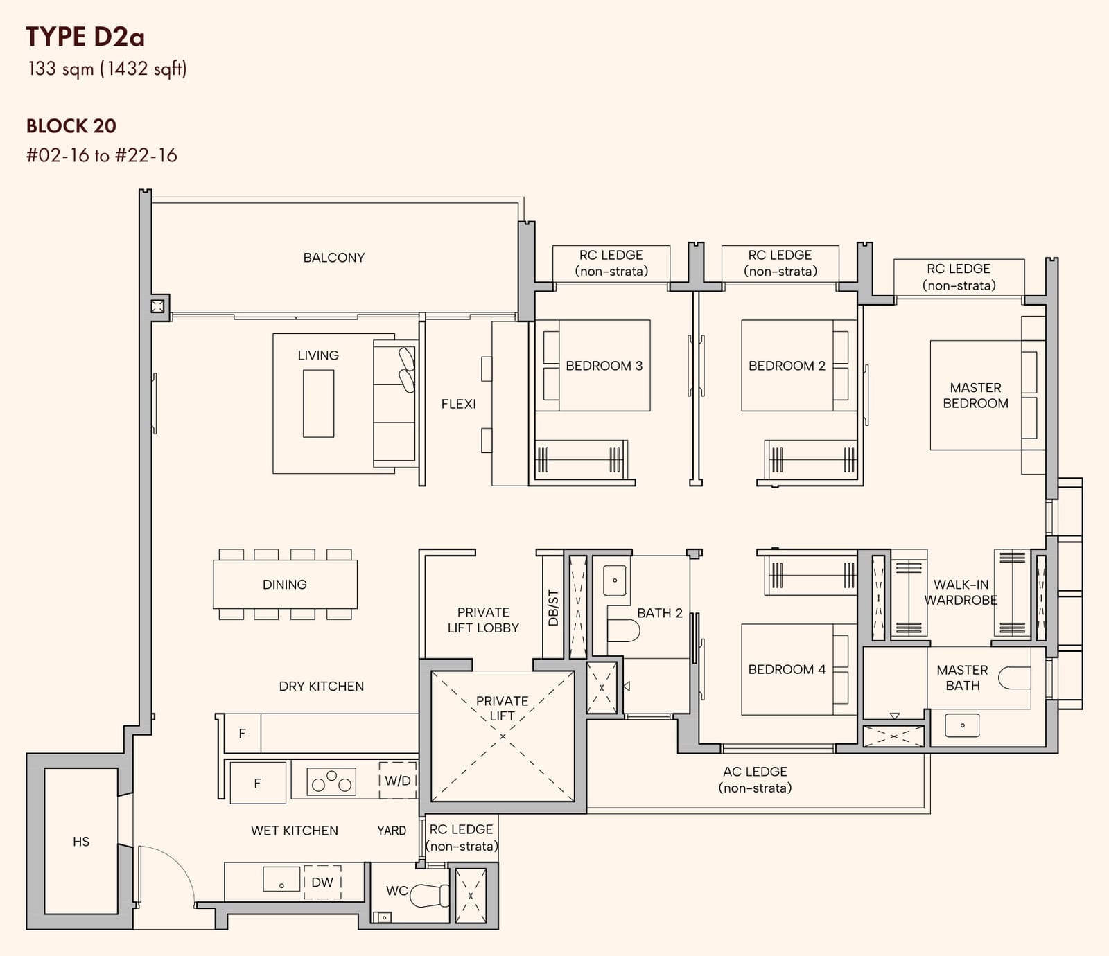 Floor plan of the 4-bedroom suite with flexi room and private lift, type D2a, 1,432 square feet