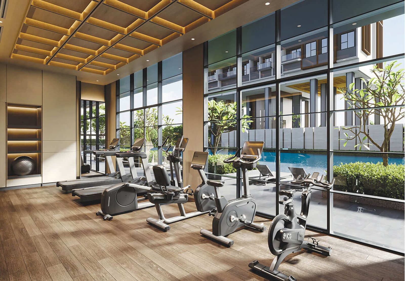 Artist's impression of the gym with floor-to-ceiling windows beside the pool