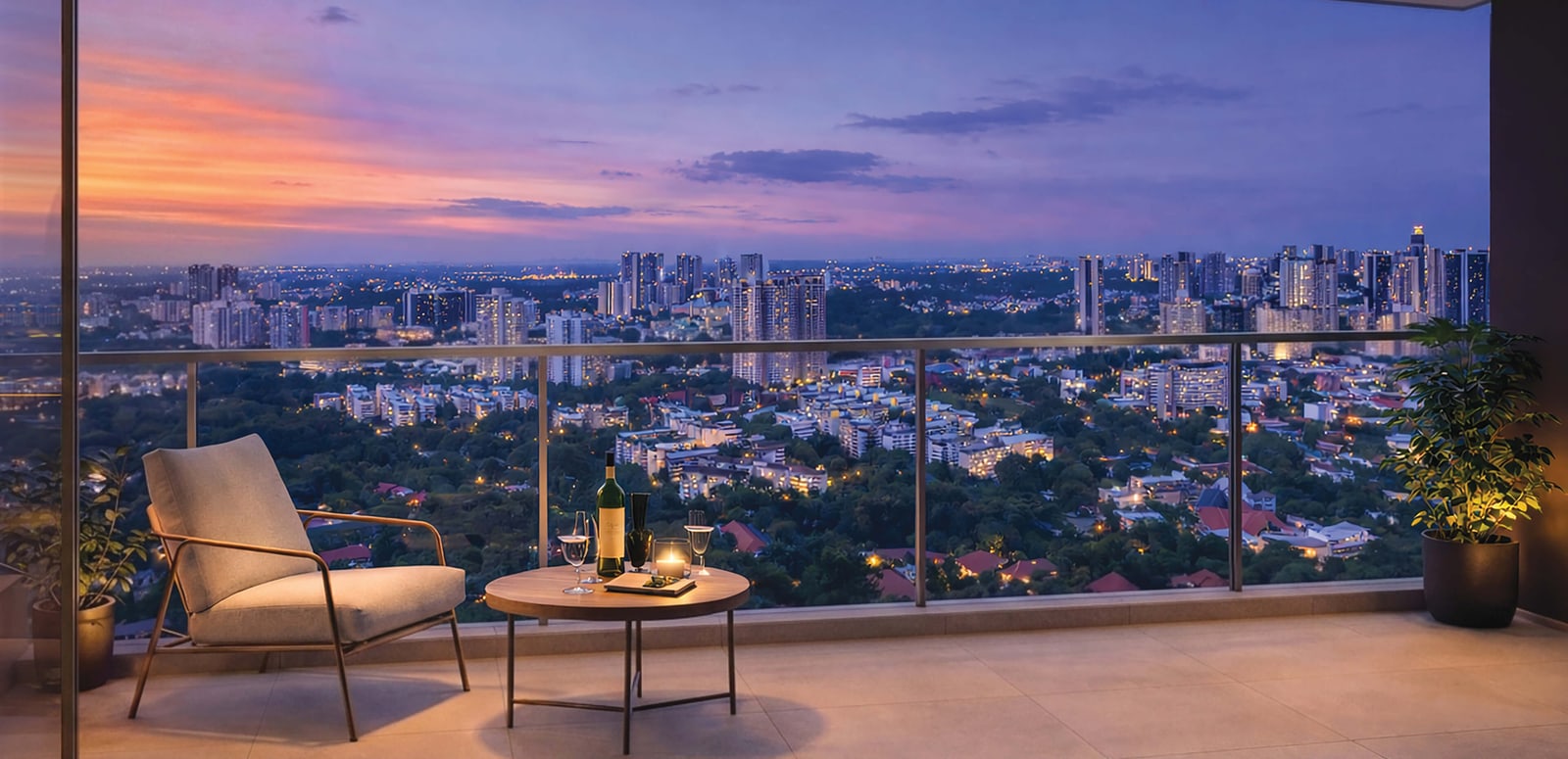 Artist's impression of a balcony at dusk looking over the city