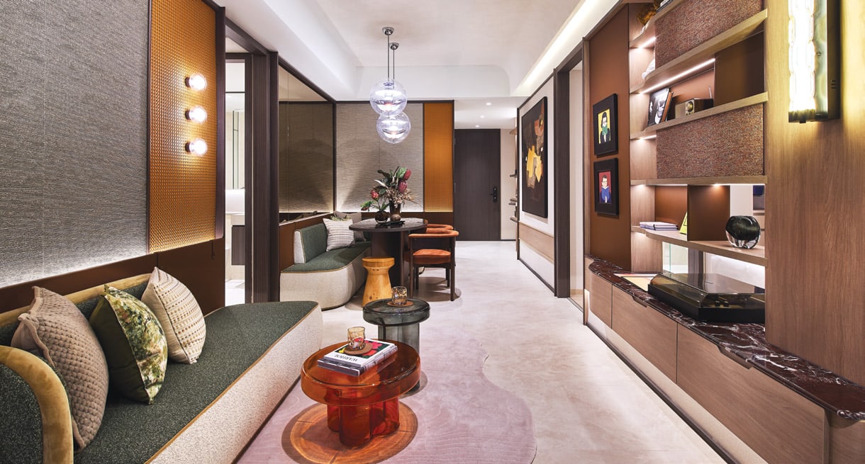 Artist's impression of the entrance hall and living area with a timber-panelled feature wall