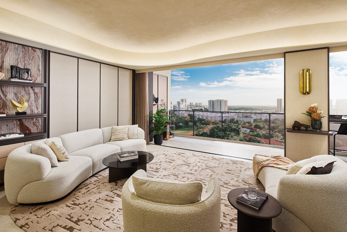 Artist's impression of a living room with a curved sofa and a balcony view over the city