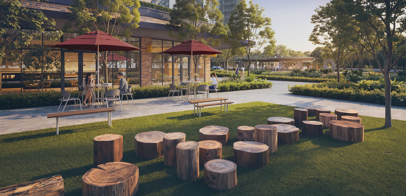 Artist's impression of Hudson Plaza with a lawn, timber stumps for seating and ground-floor shops
