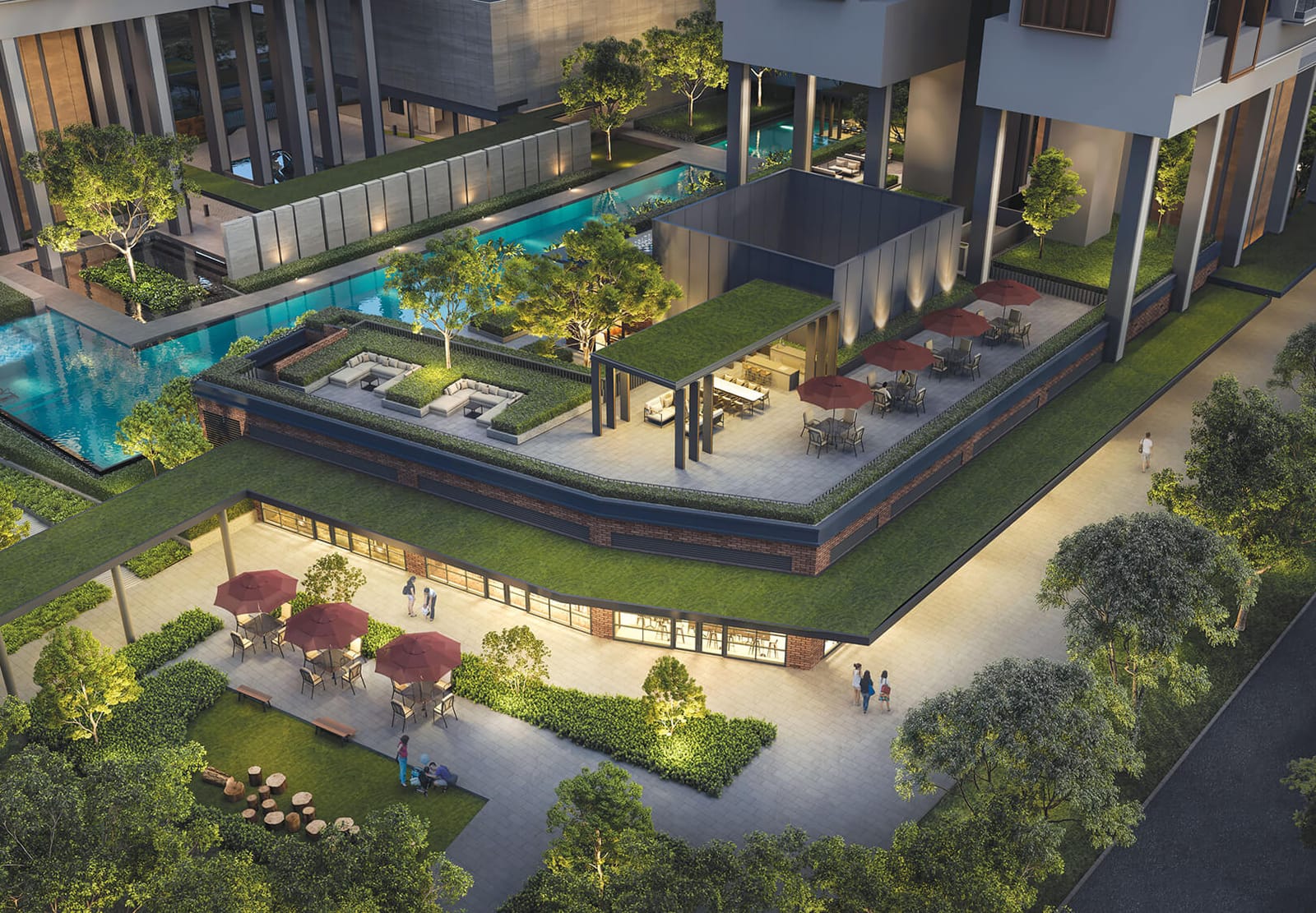 Artist's impression from above of Hudson Plaza and Hudson Terrace on the upper first storey, with the pool beyond