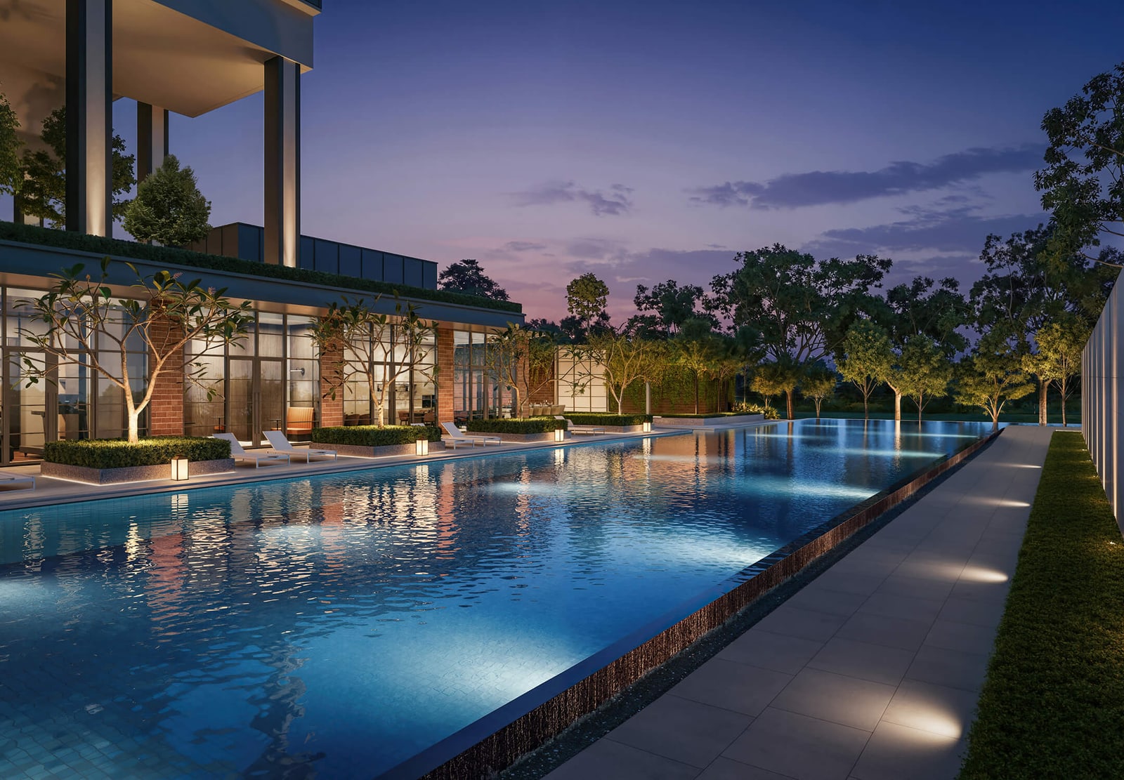 Artist's impression of the main pool and pool deck at dusk