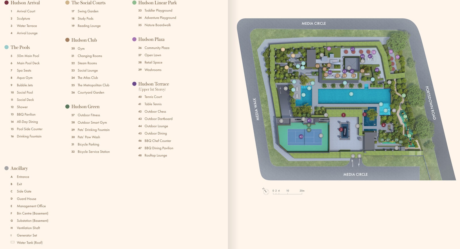 Site plan of Hudson Place Residences with a numbered legend of 48 facilities