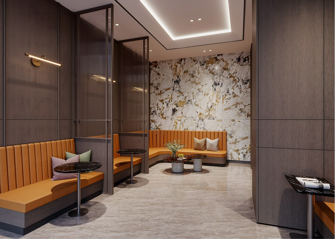 Artist's impression of the social lounge with banquette seating and a stone feature wall