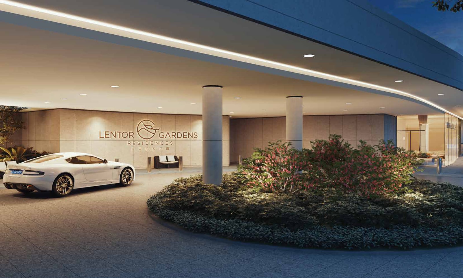 Artist's impression of the drop-off porch at the entrance with a car and a planted island