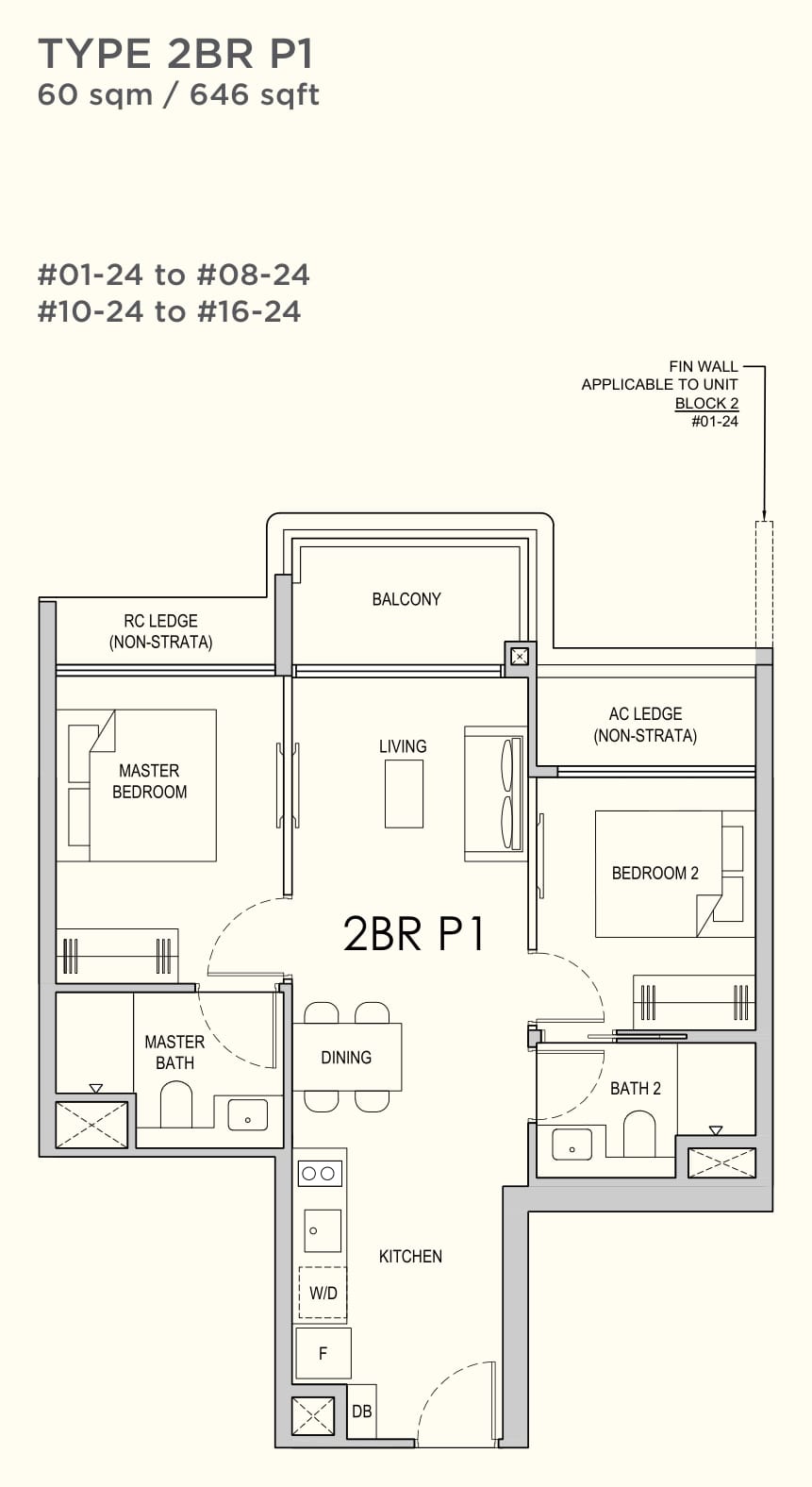 Floor plan of the 2-bedroom premium, type 2BR P1, 646 square feet