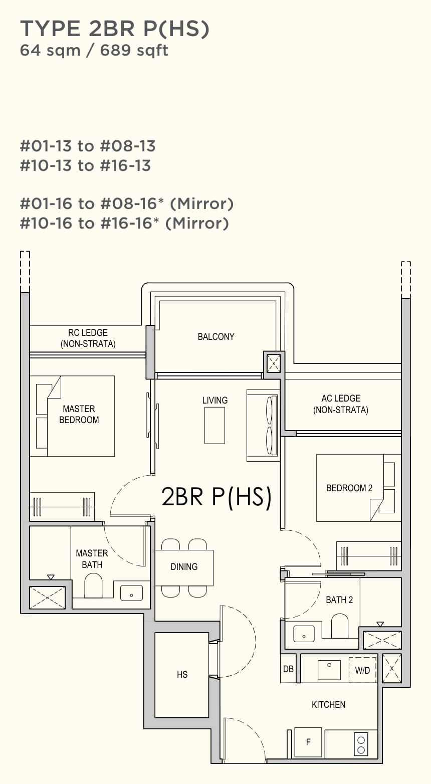 Floor plan of the 2-bedroom premium with household shelter, type 2BR P(HS), 689 square feet