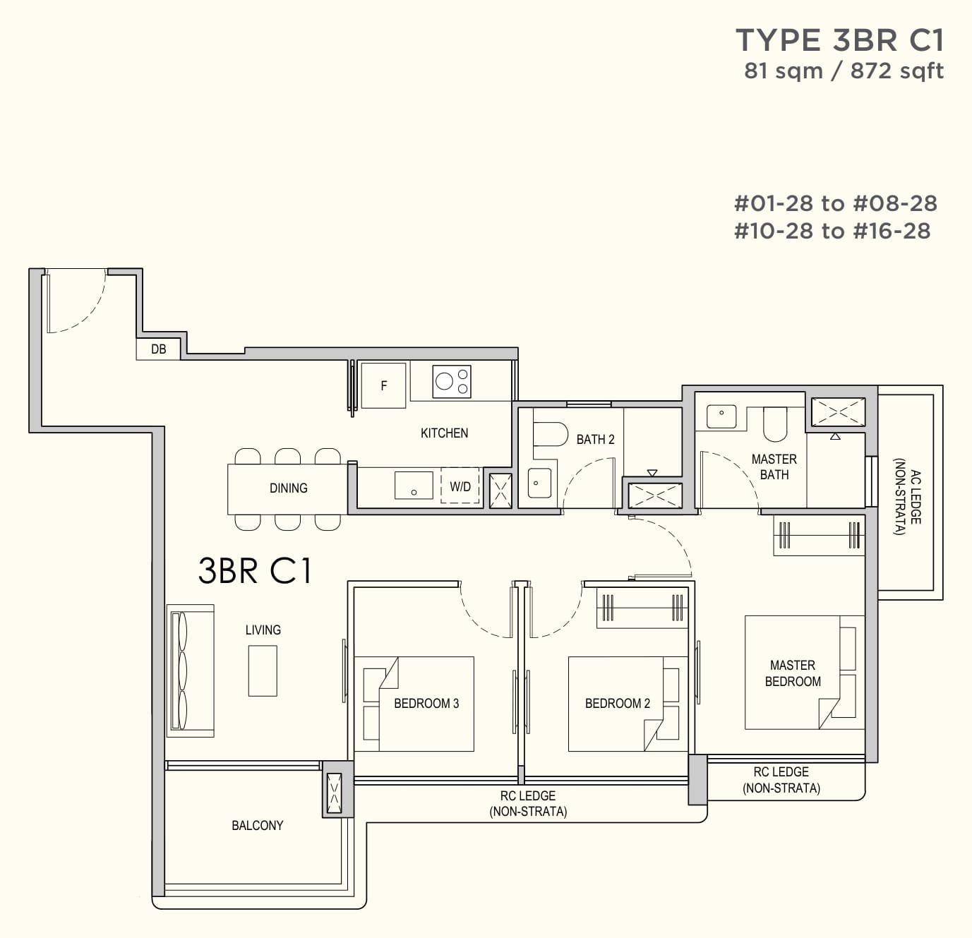 Floor plan of the 3-bedroom compact, type 3BR C1, 872 square feet