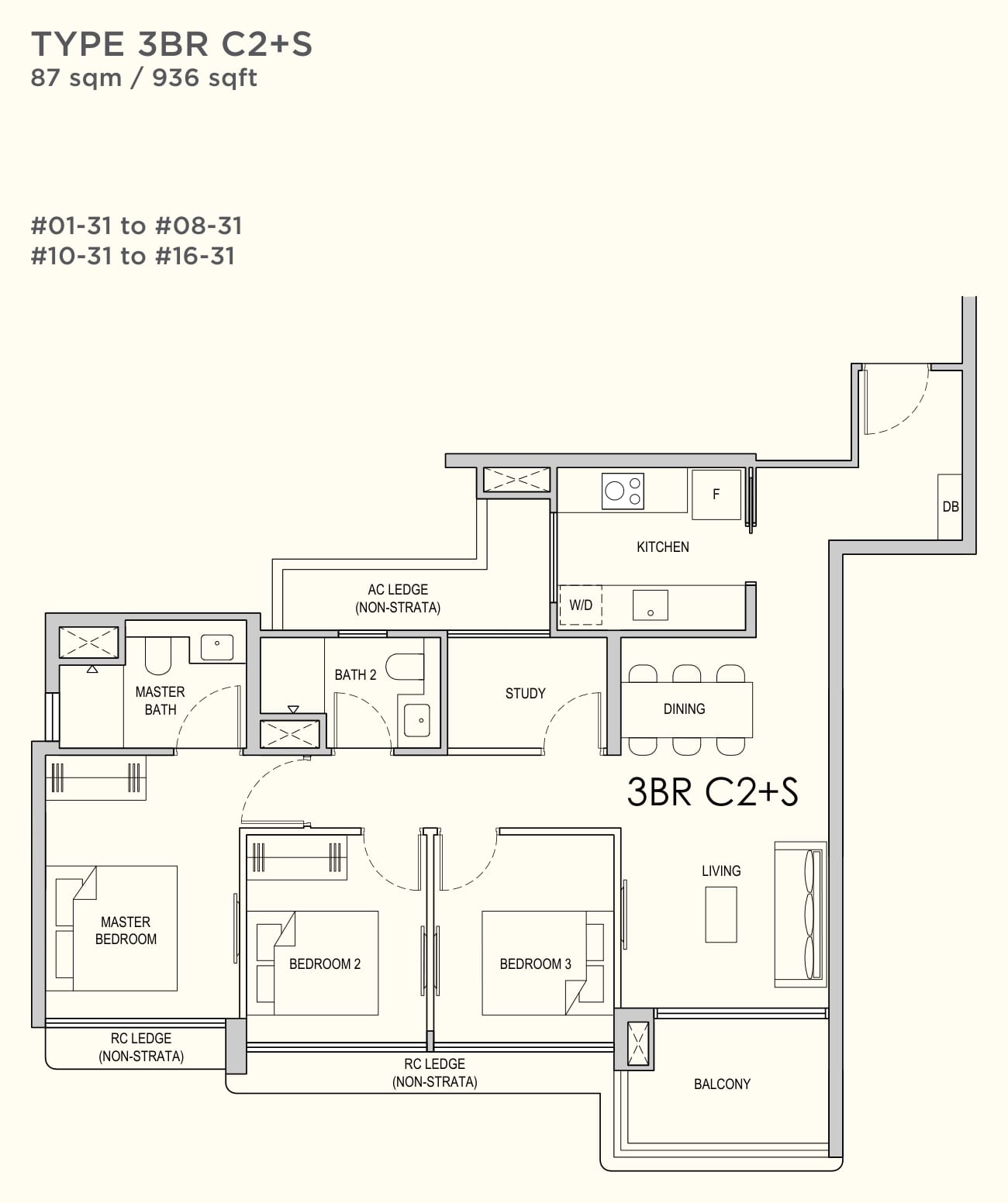 Floor plan of the 3-bedroom compact with study, type 3BR C2+S, 936 square feet
