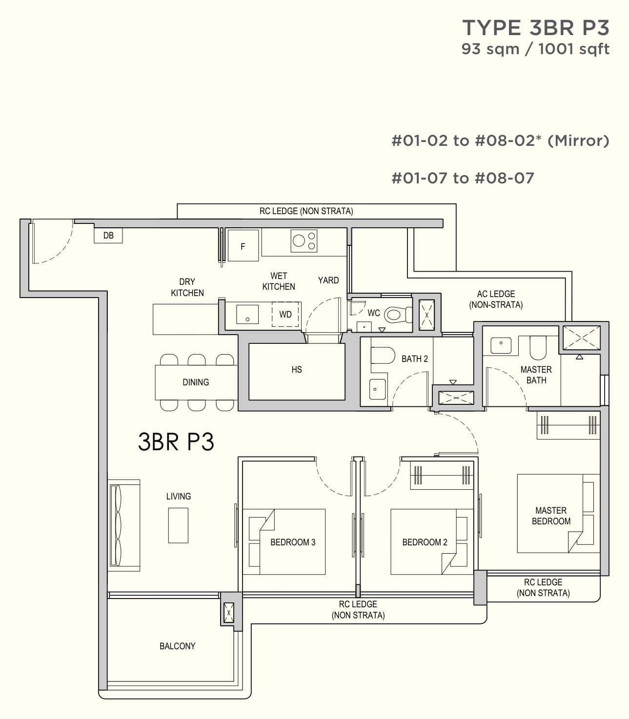 Floor plan of the 3-bedroom premium, type 3BR P3, 1,001 square feet