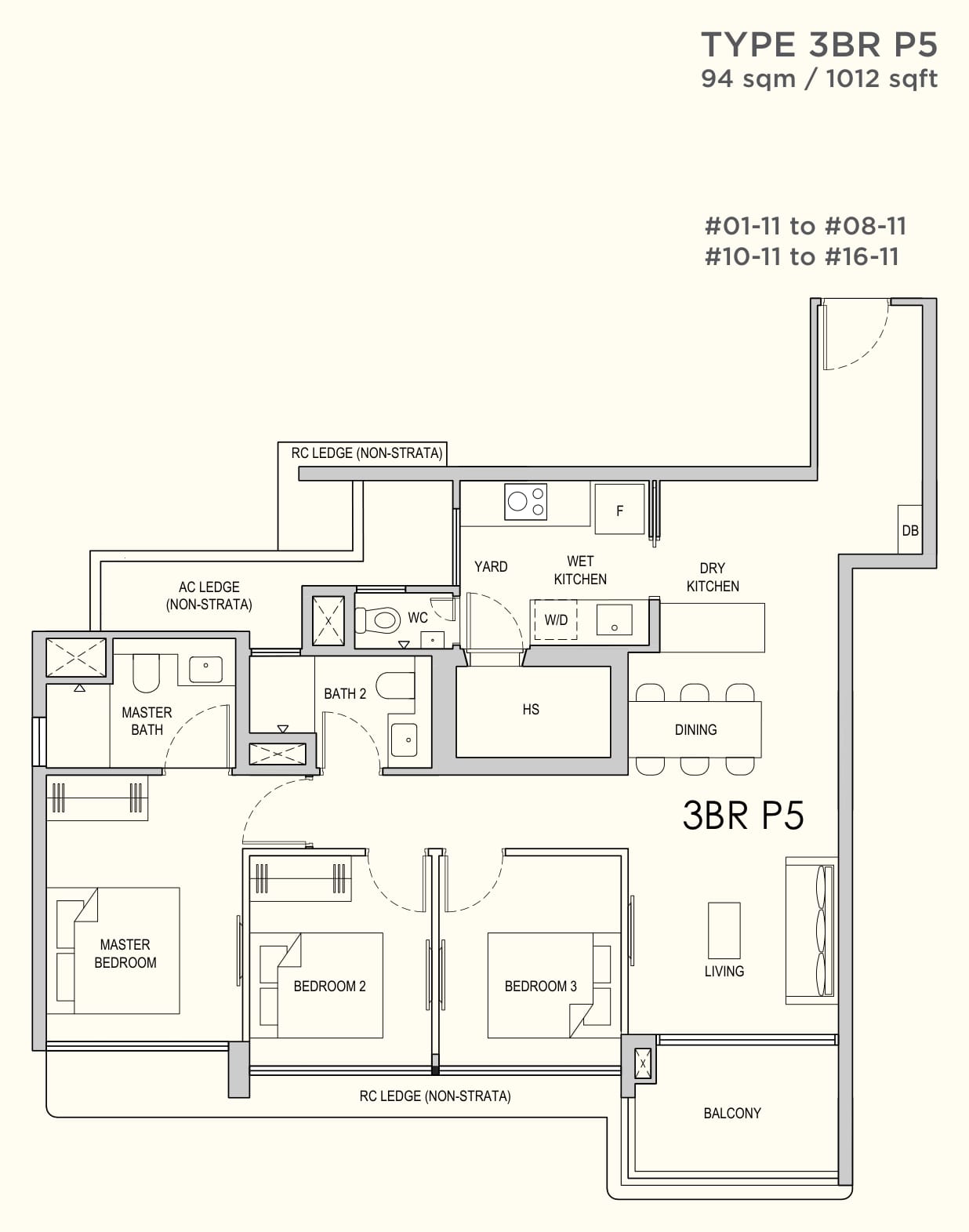 Floor plan of the 3-bedroom premium, type 3BR P5, 1,012 square feet
