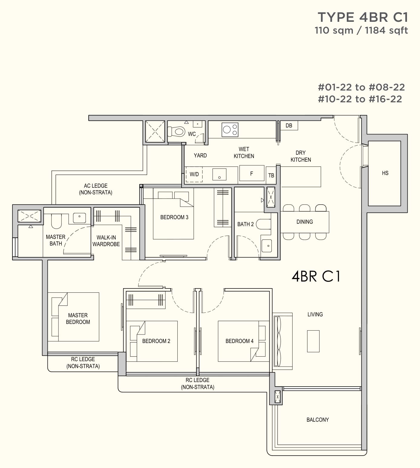 Floor plan of the 4-bedroom compact, type 4BR C1, 1,184 square feet