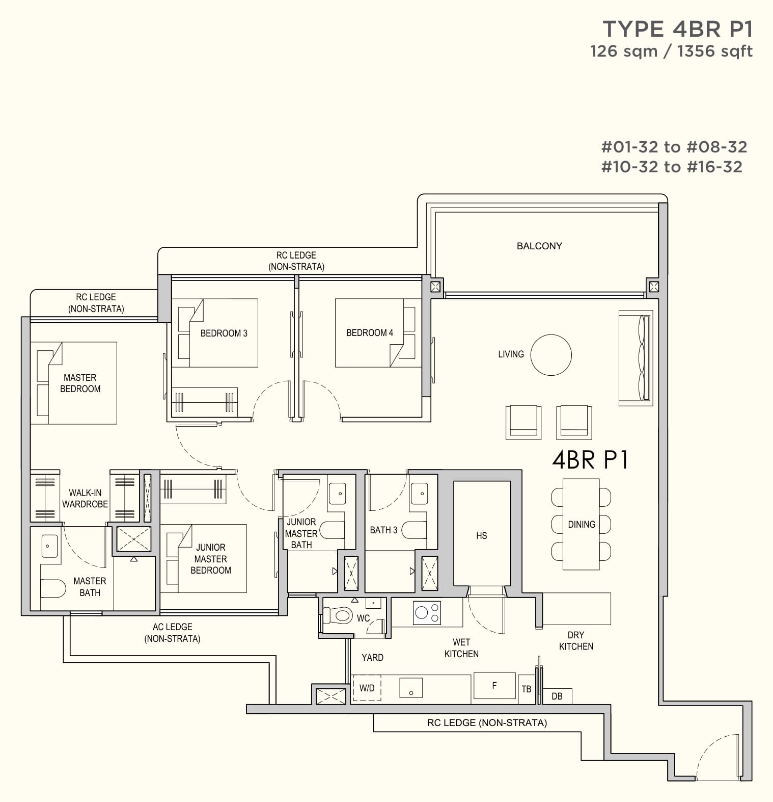 Floor plan of the 4-bedroom premium, type 4BR P1, 1,356 square feet