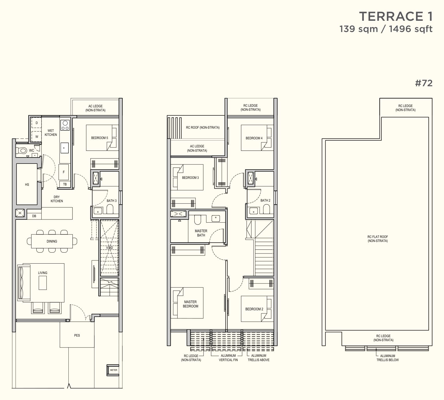 Floor plans of the three storeys of Terrace 1, 1,496 square feet