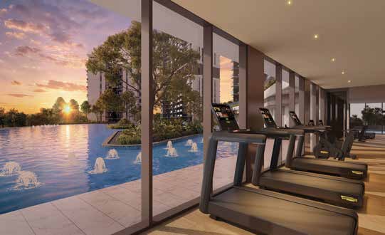 Artist's impression of the gym with treadmills facing the pool at sunset