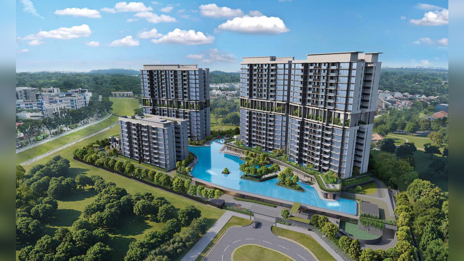 Artist's impression from above of the whole development: three 16-storey towers and a lower block around a curving lagoon pool