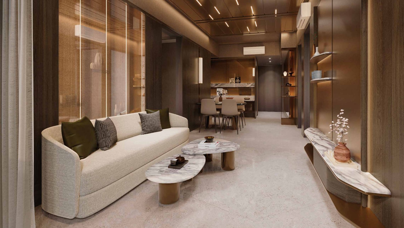 Artist's impression of a living and dining area with a curved sofa