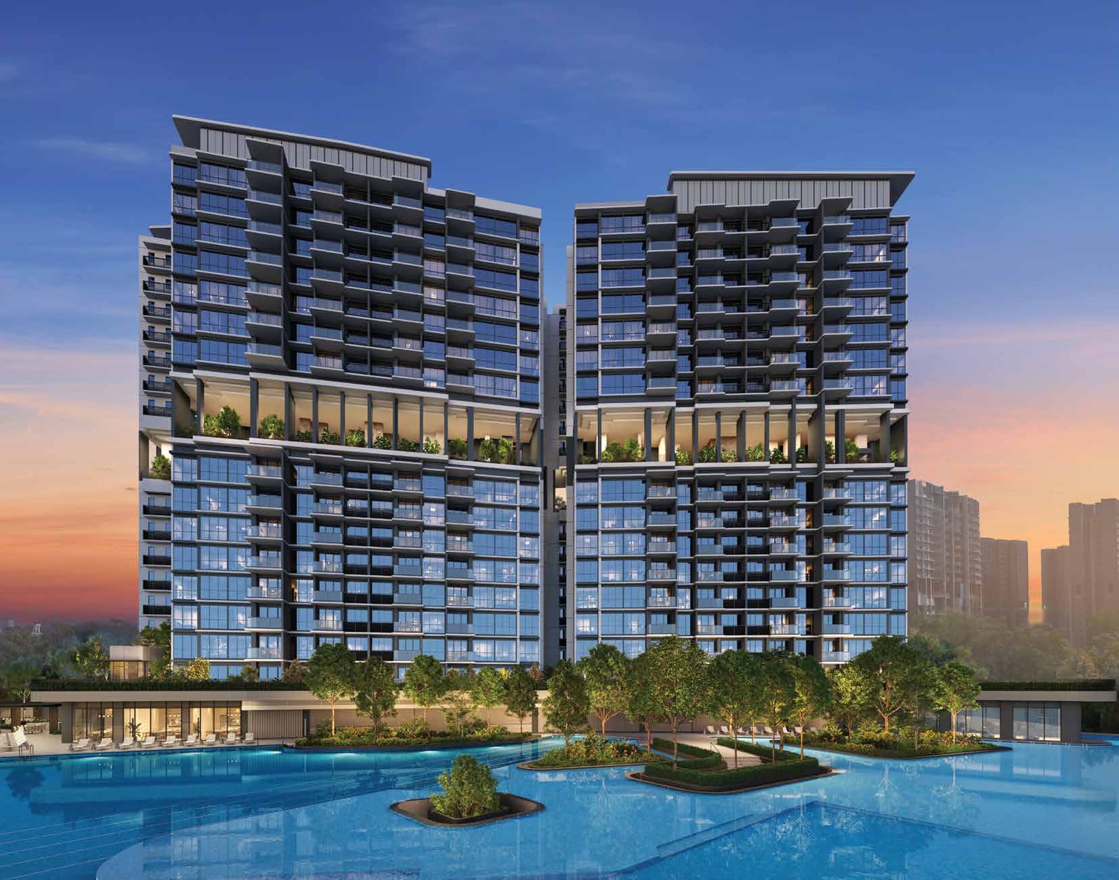 Artist's impression of the pools at dusk in front of the towers