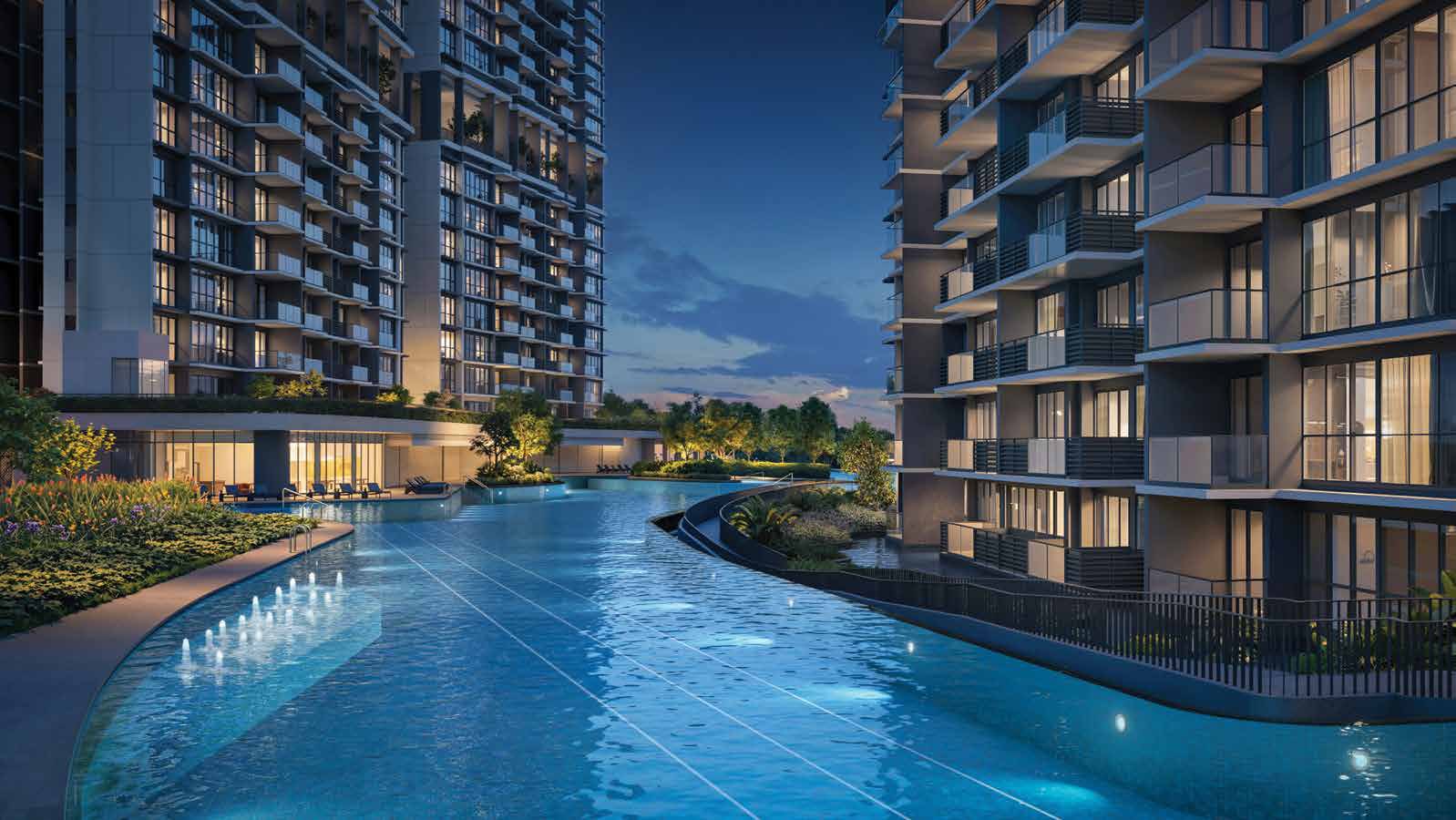 Artist's impression of the 75-metre skyline pool with water jets beside the towers