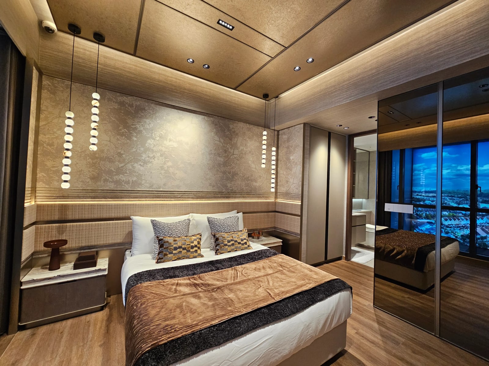 Photograph of the master bedroom in the 4-bedroom show suite