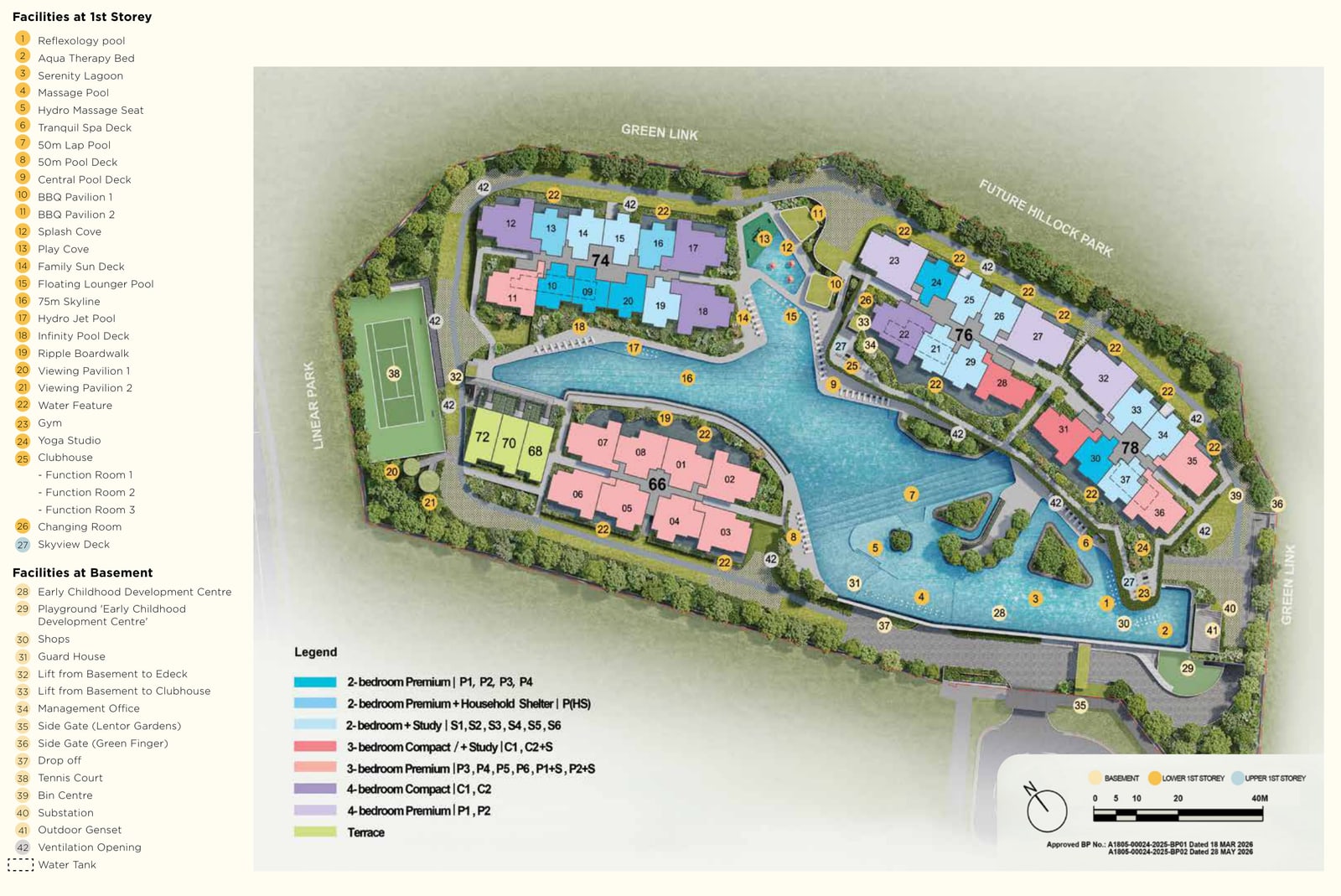 Site plan of Lentor Gardens Residences with a numbered legend of facilities on the first storey and in the basement