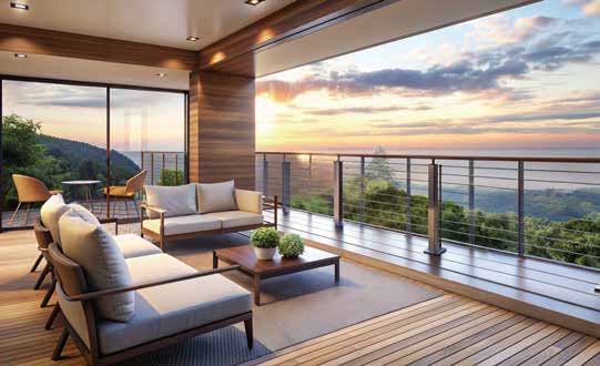 Artist's impression of a sky lounge with sofas on a timber deck at sunset