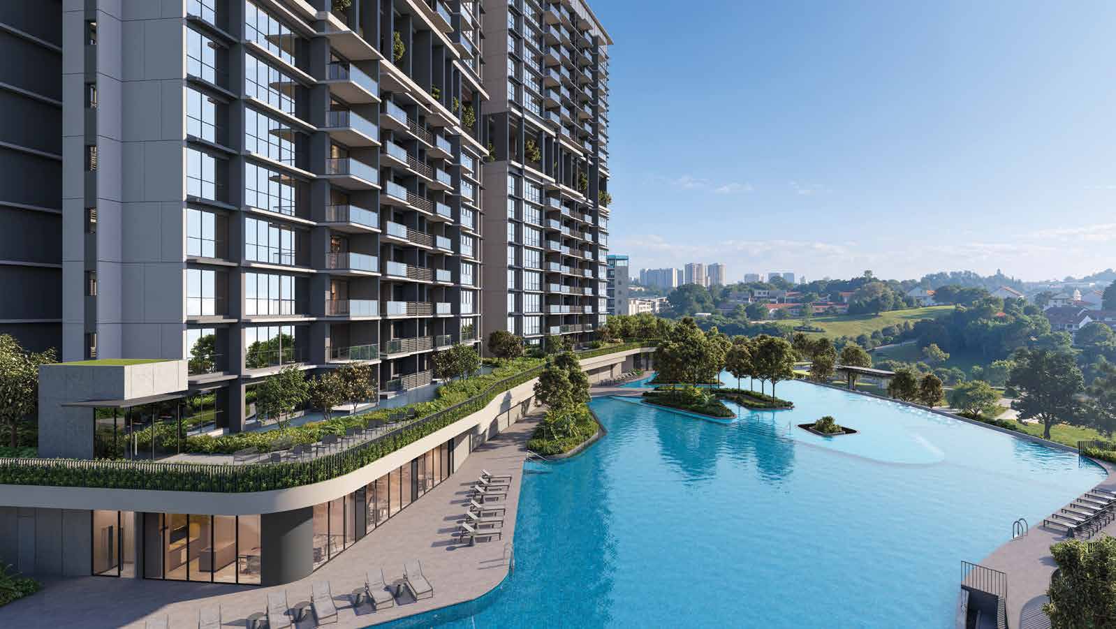 Artist's impression of the lap pool deck with the pool edge overlooking green hills