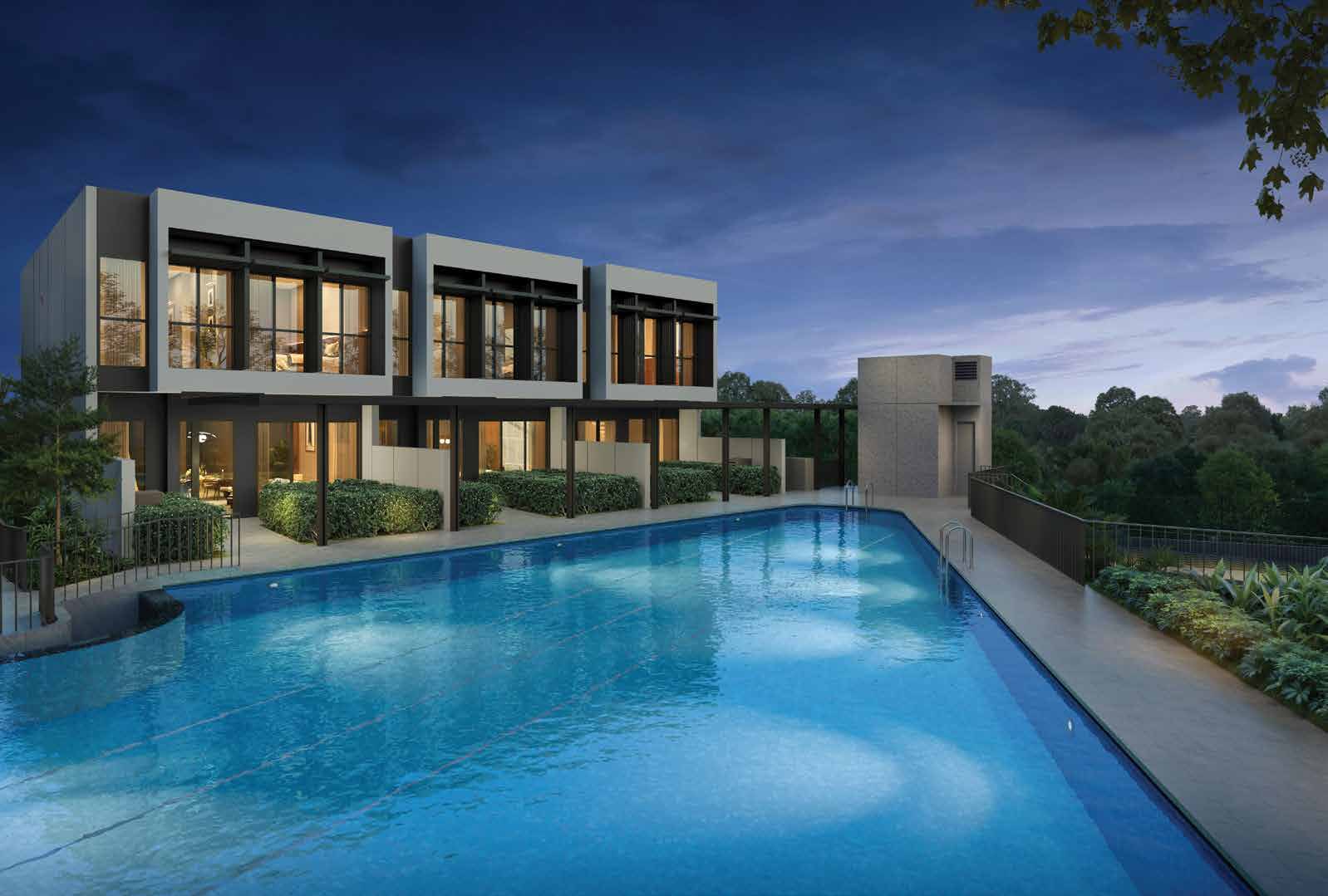 Artist's impression of the 75-metre pool with the three strata terrace houses along its edge
