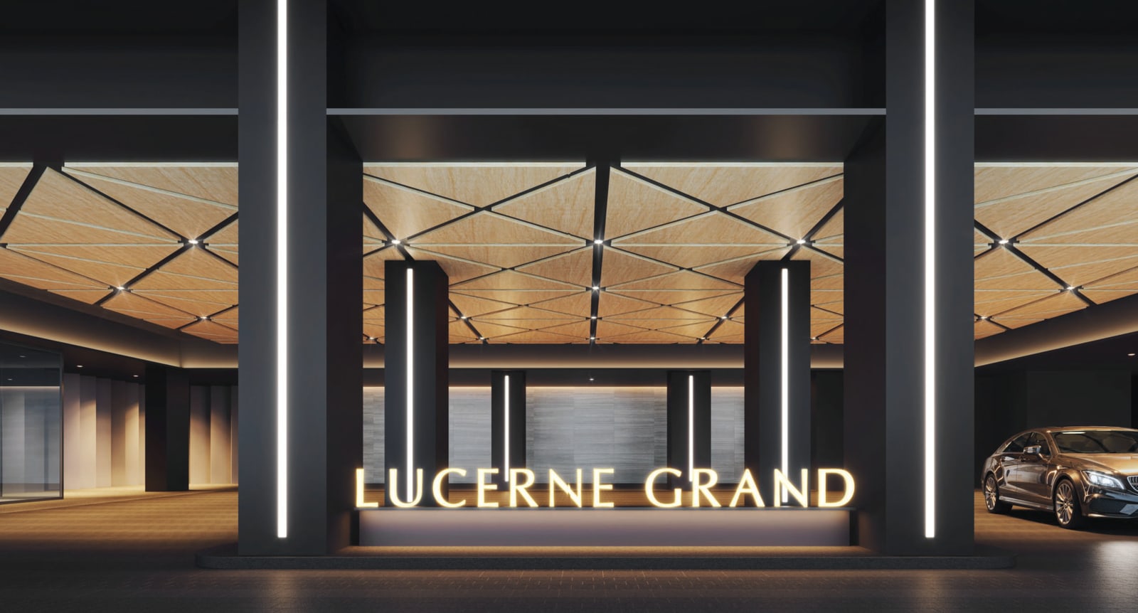 Artist's impression of the arrival lobby drop-off with a patterned timber ceiling and the Lucerne Grand sign