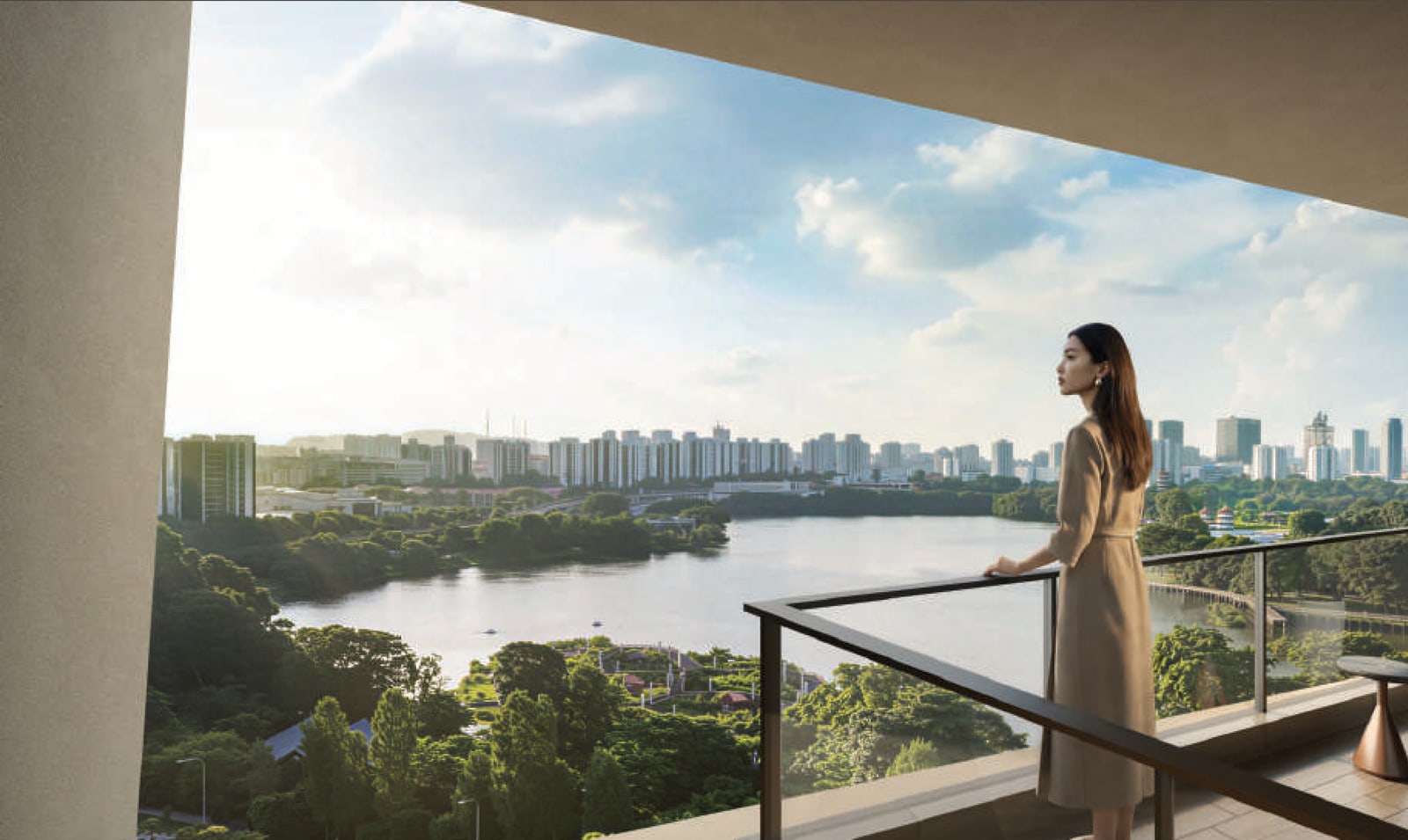 Artist's impression of a balcony with a view over Jurong Lake and the city beyond