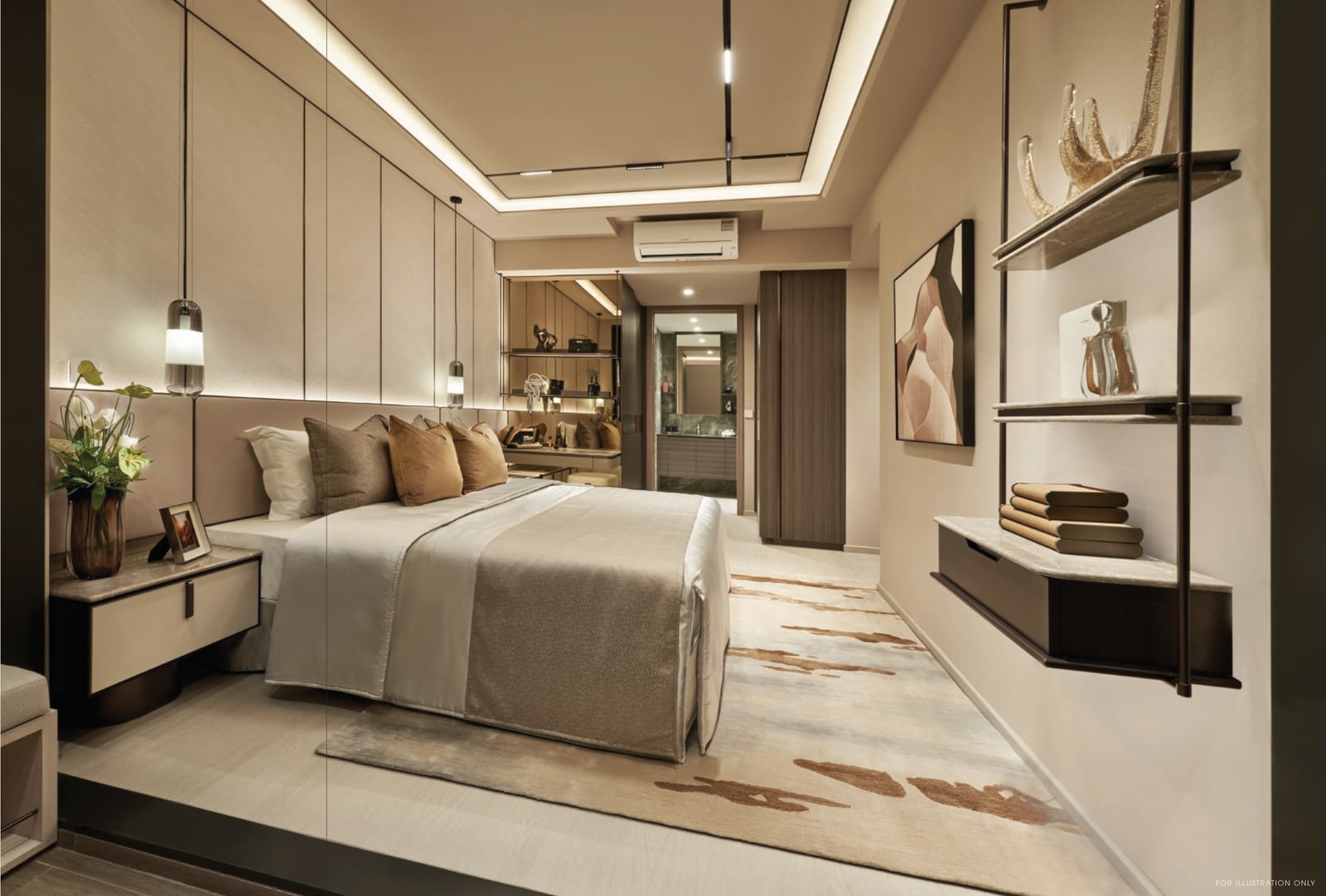 Interior picture of a master bedroom with a wall of shelves and a walk-through to the bathroom