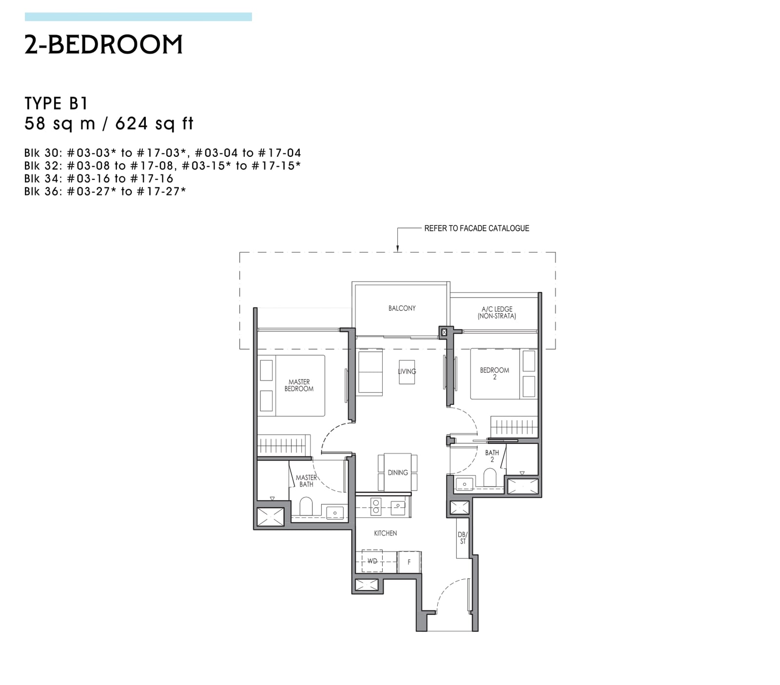 Floor plan of the 2-bedroom, type B1, 624 square feet