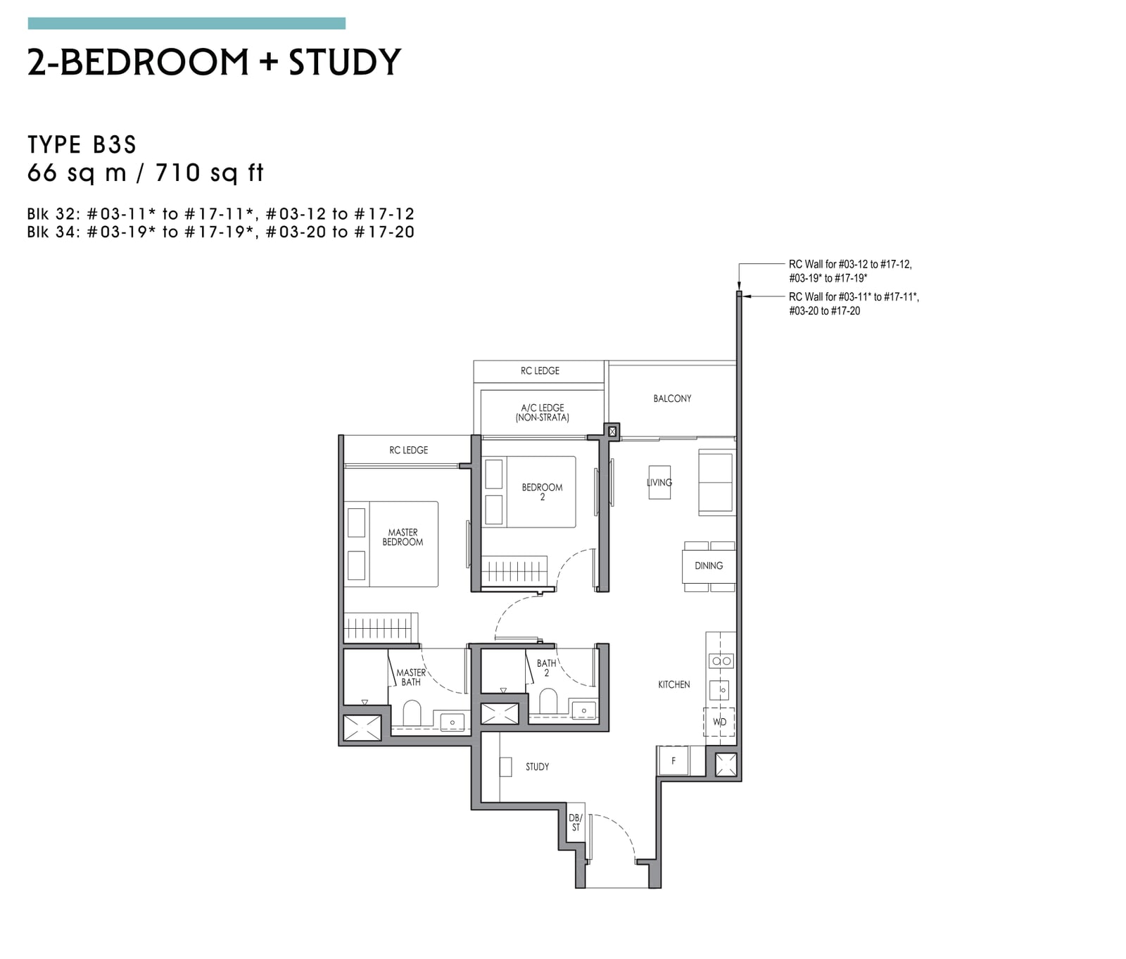 Floor plan of the 2-bedroom with study, type B3S, 710 square feet