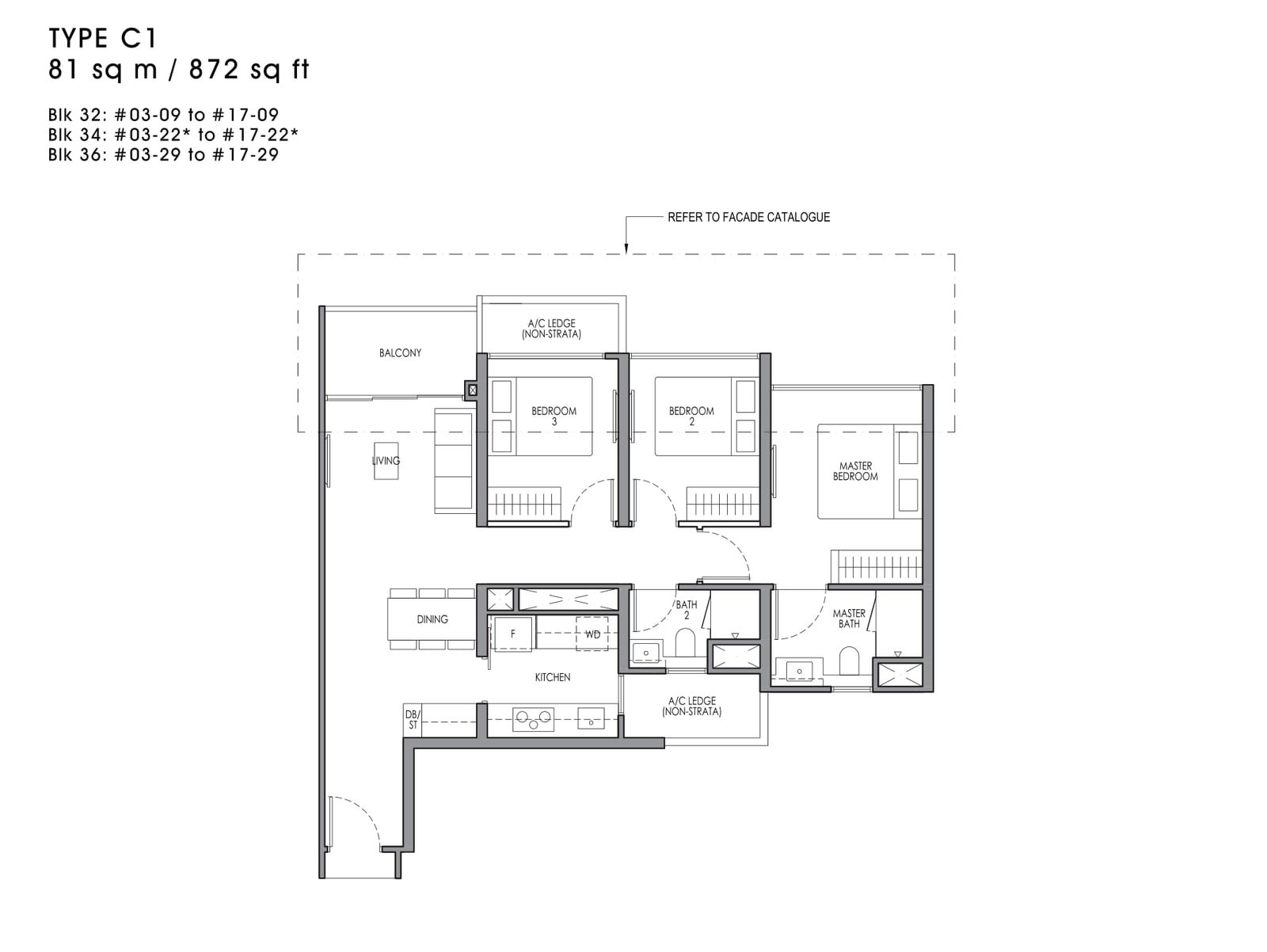 Floor plan of the 3-bedroom, type C1, 872 square feet