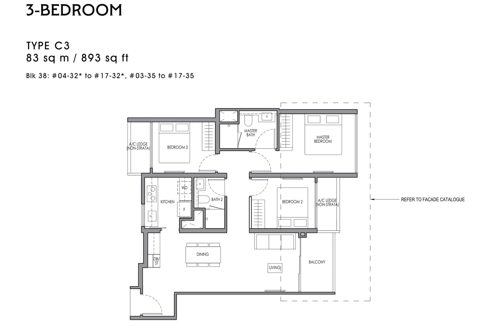Floor plan of the 3-bedroom, type C3, 893 square feet