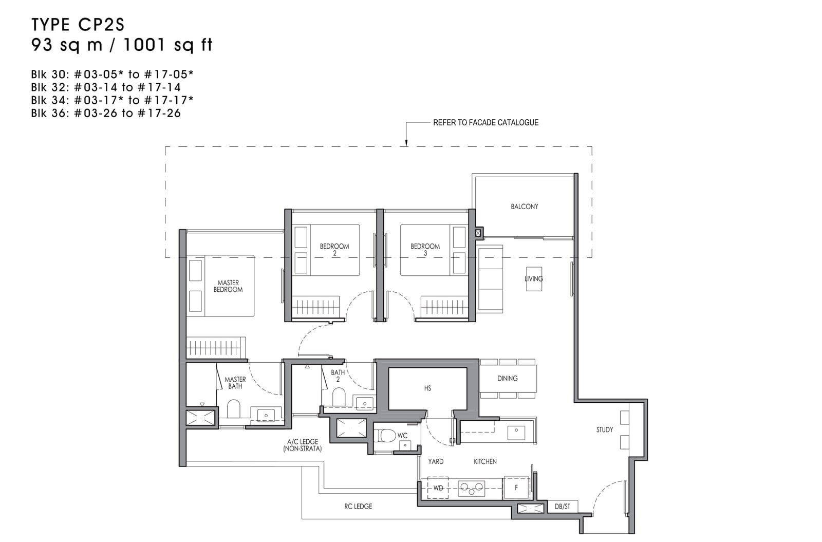 Floor plan of the 3-bedroom premium with study, type CP2S, 1,001 square feet