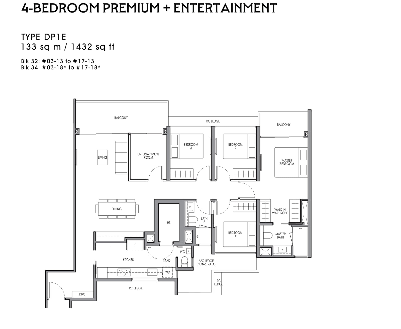 Floor plan of the 4-bedroom premium with entertainment room, type DP1E, 1,432 square feet, the largest home