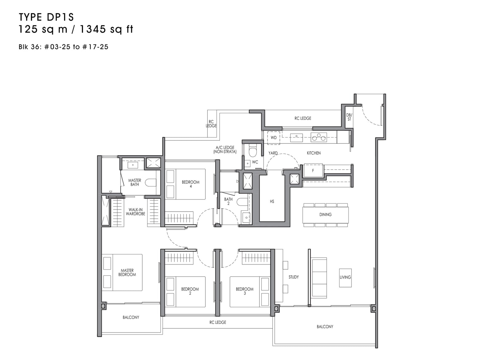 Floor plan of the 4-bedroom premium with study, type DP1S, 1,345 square feet