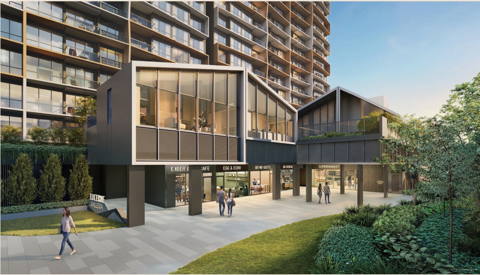Artist's impression of Lucerne Galleria on Level 1, with a supermarket, cafes and a garden square at the foot of a tower