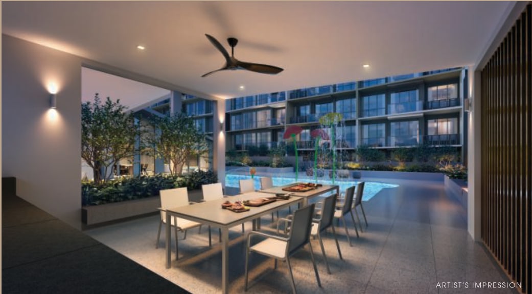 Artist's impression of Gourmet Pavilion I with a dining table beside a pool at night