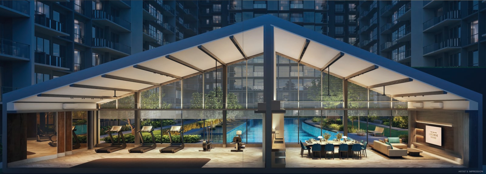Artist's impression of a cutaway of Lucerne Clubhouse I with the gymnasium, the pool and a lounge under a gabled roof