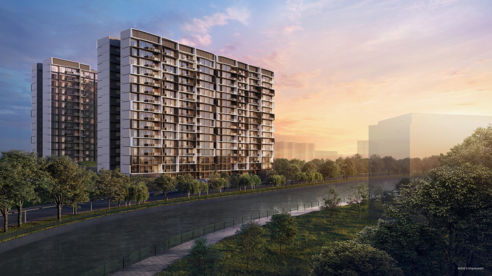Artist's impression of two of the five 17-storey towers of Lucerne Grand at sunset, seen across a canal