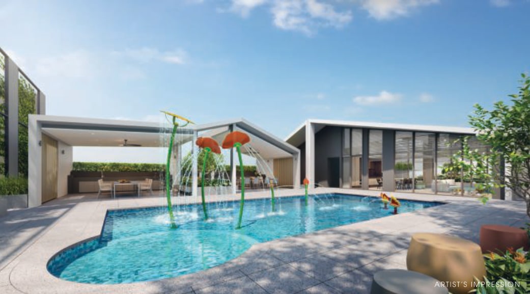 Artist's impression of the kids' splash pool with water jets and Lucerne Clubhouse II behind