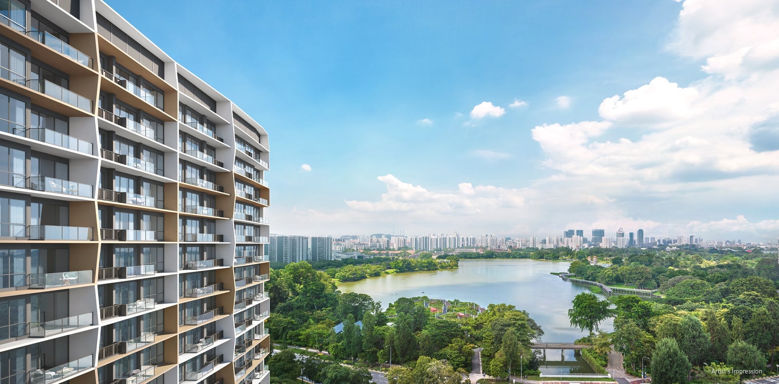 Artist's impression of a Lucerne Grand tower beside a view over Jurong Lake Gardens and the lake