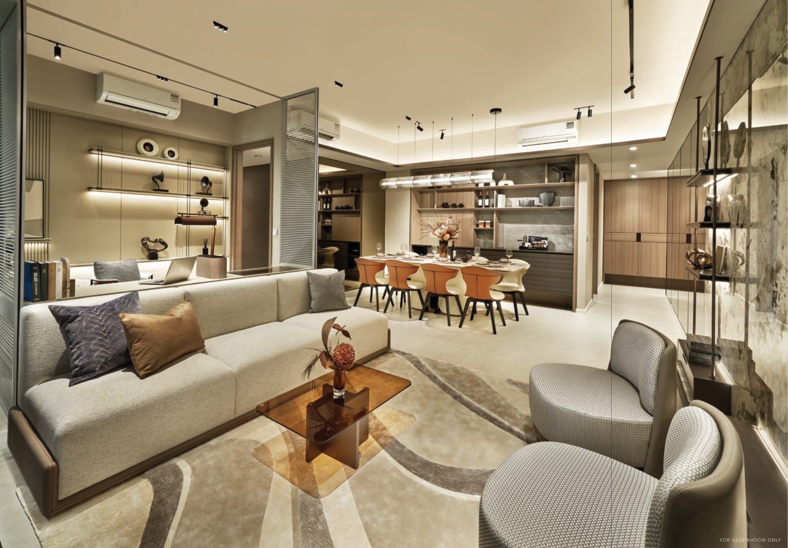 Interior picture of a living and dining area with a sofa, a dining table and a kitchen beyond