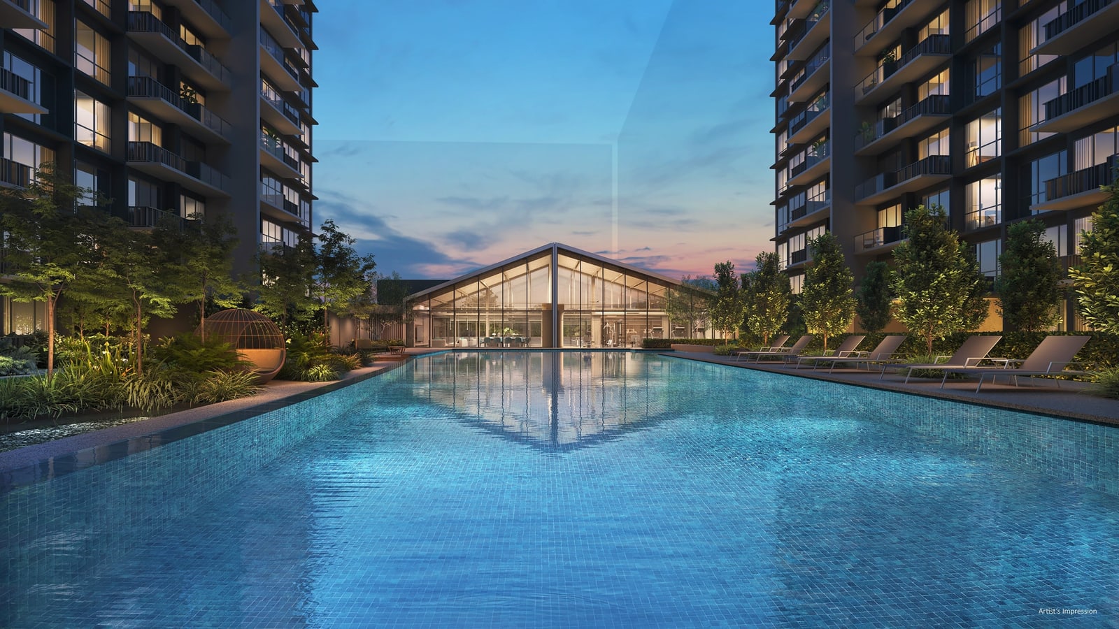 Artist's impression of the pool at dusk between two towers, with a glass-gabled pavilion at the far end