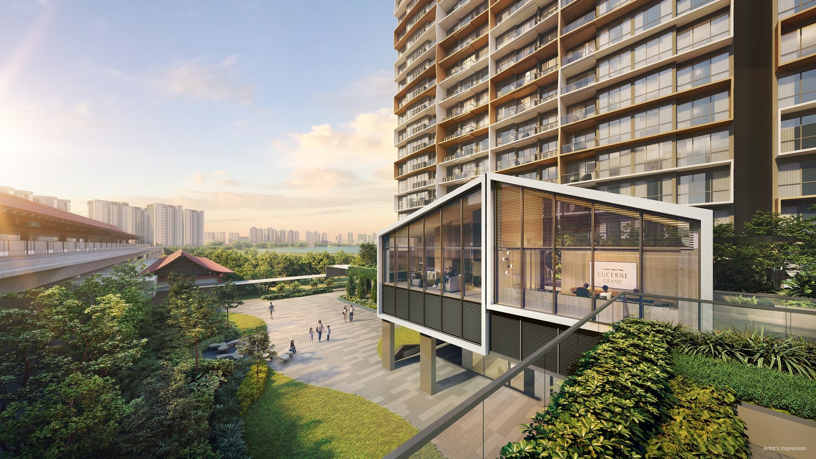 Artist's impression of a glass pavilion and a garden square beside the Lakeside MRT line