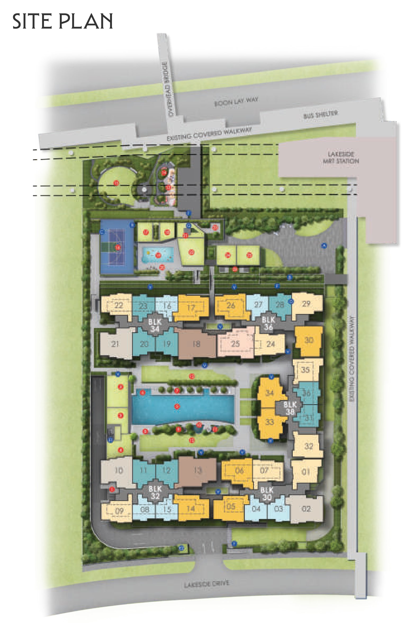 Site plan of Lucerne Grand showing the five blocks around the lap pool, the Wellness Valley gardens and the link to Lakeside MRT station